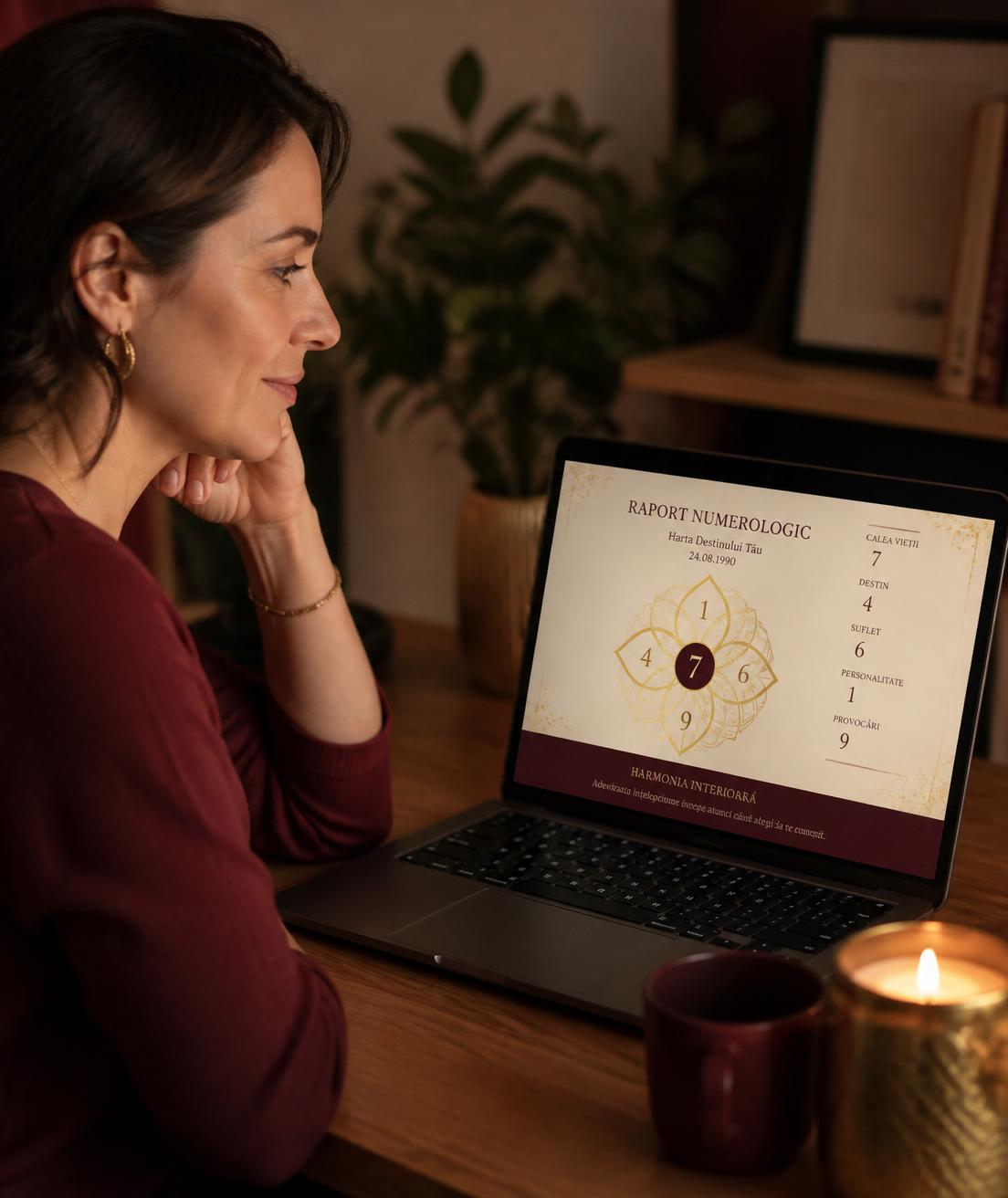 Persoană citind raportul numerologic pe laptop
